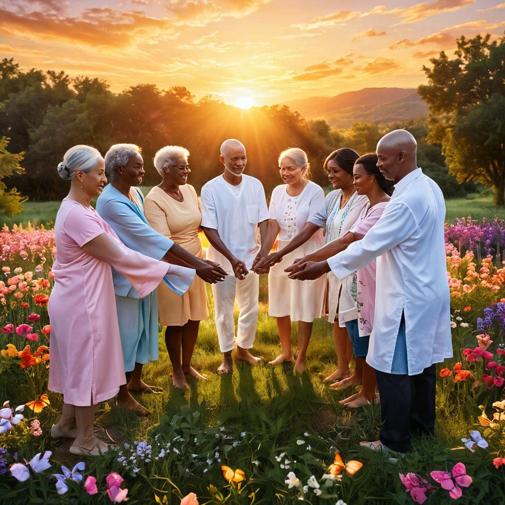 A serene, uplifting scene featuring diverse cancer survivors holding hands in a supportive circle under a vibrant sunset. Surround them with symbols of hope like butterflies and blooming flowers, incorporating elements of nature that signify healing and resilience. Include soft, warm colors to evoke a sense of comfort and empowerment. super-realistic. vibrant colors. peaceful background.