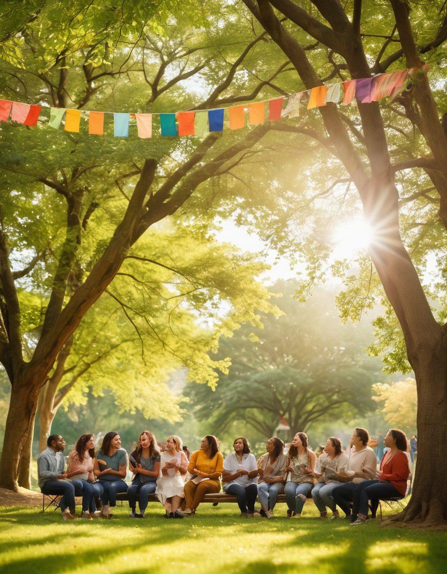 A diverse group of people from various backgrounds, gathered in a lush green park, sharing stories and laughter, with warm sunlight filtering through the trees. In the background, colorful banners symbolizing hope and community hang from branches, while a gentle breeze carries leaves, embodying unity and support. Illustrate a sense of joy and connection through vibrant expressions and gestures. warm colors. soft focus. nature-inspired.