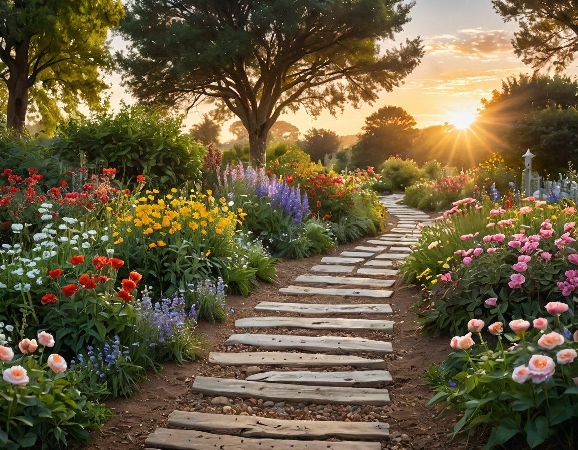 A serene landscape featuring a pathway through a vibrant garden filled with blooming flowers symbolizing hope. Along the path, diverse individuals are engaging in supportive conversations and holding hands, representing unity and empowerment. In the background, a gentle sunrise bathes the scene in warm light, symbolizing new beginnings. Overlay inspirational quotes about strength and knowledge in an artistic font. super-realistic. vibrant colors. peaceful atmosphere.